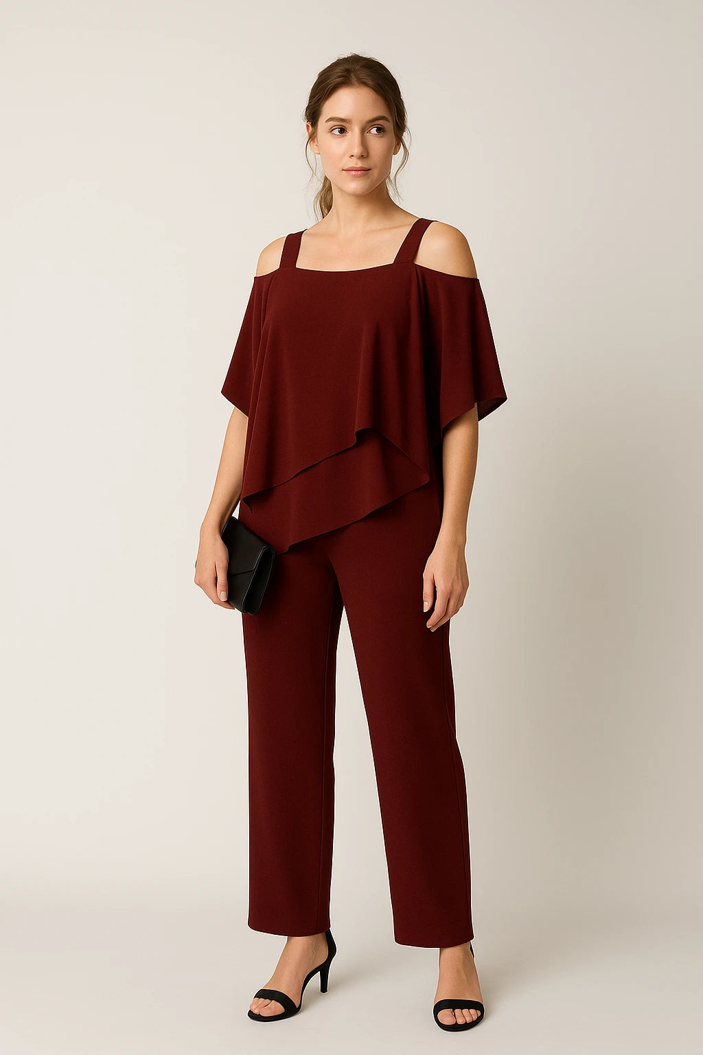 Cold Shoulder Layered Top and Straight-Leg Pants Set for Women