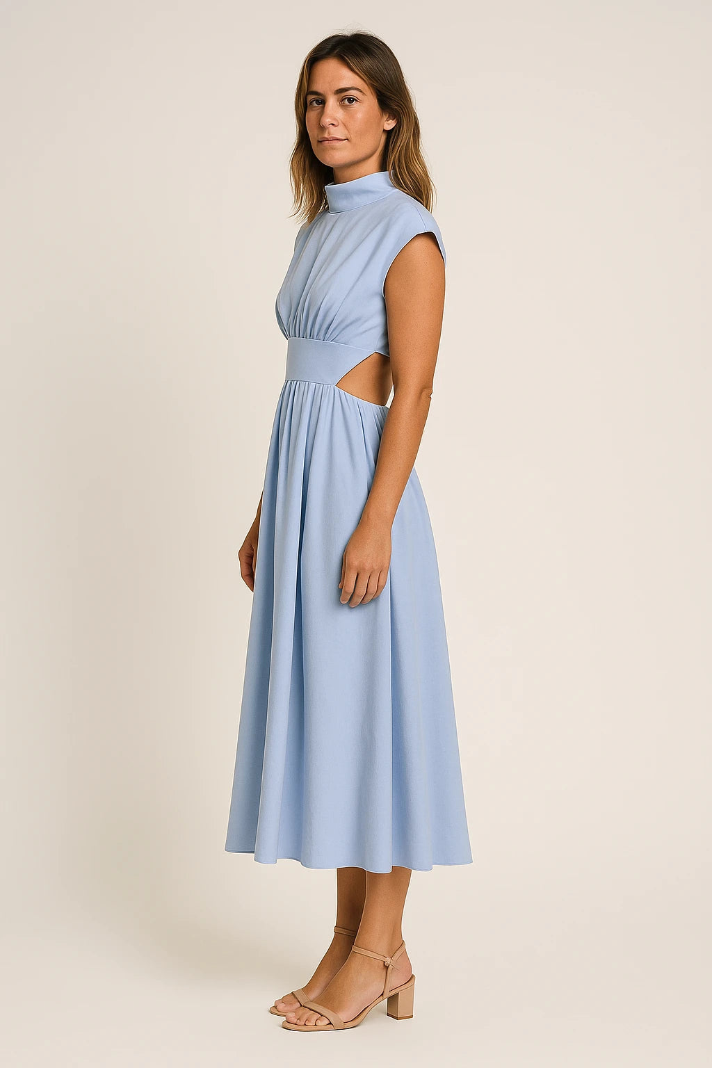 Pleated High Neck Cut-Out Midi Dress for Women