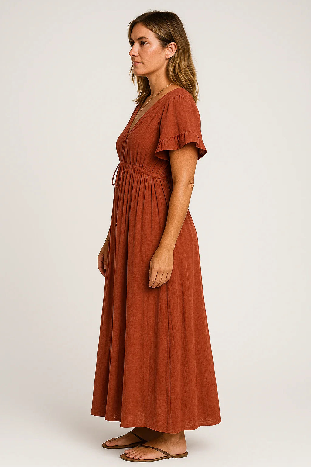 Button Front Drawstring Maxi Dress for Women