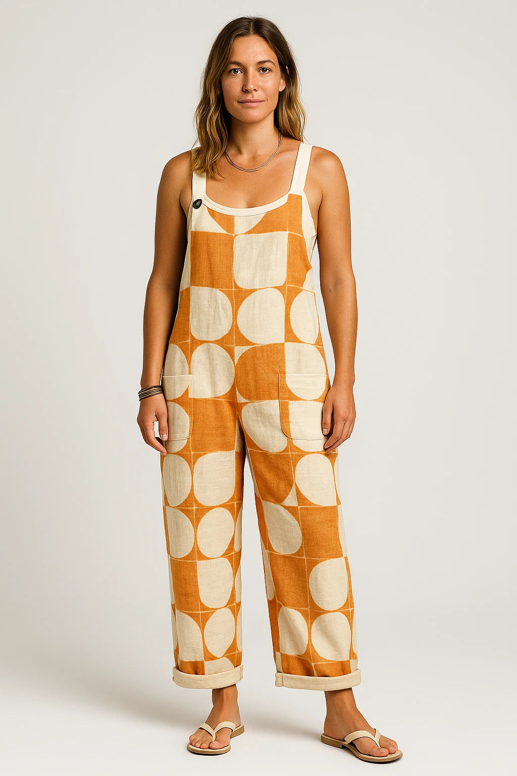 Womens Summer Overalls with Loose Fit and Adjustable Straps – Retro Sunburst Print - Image 4