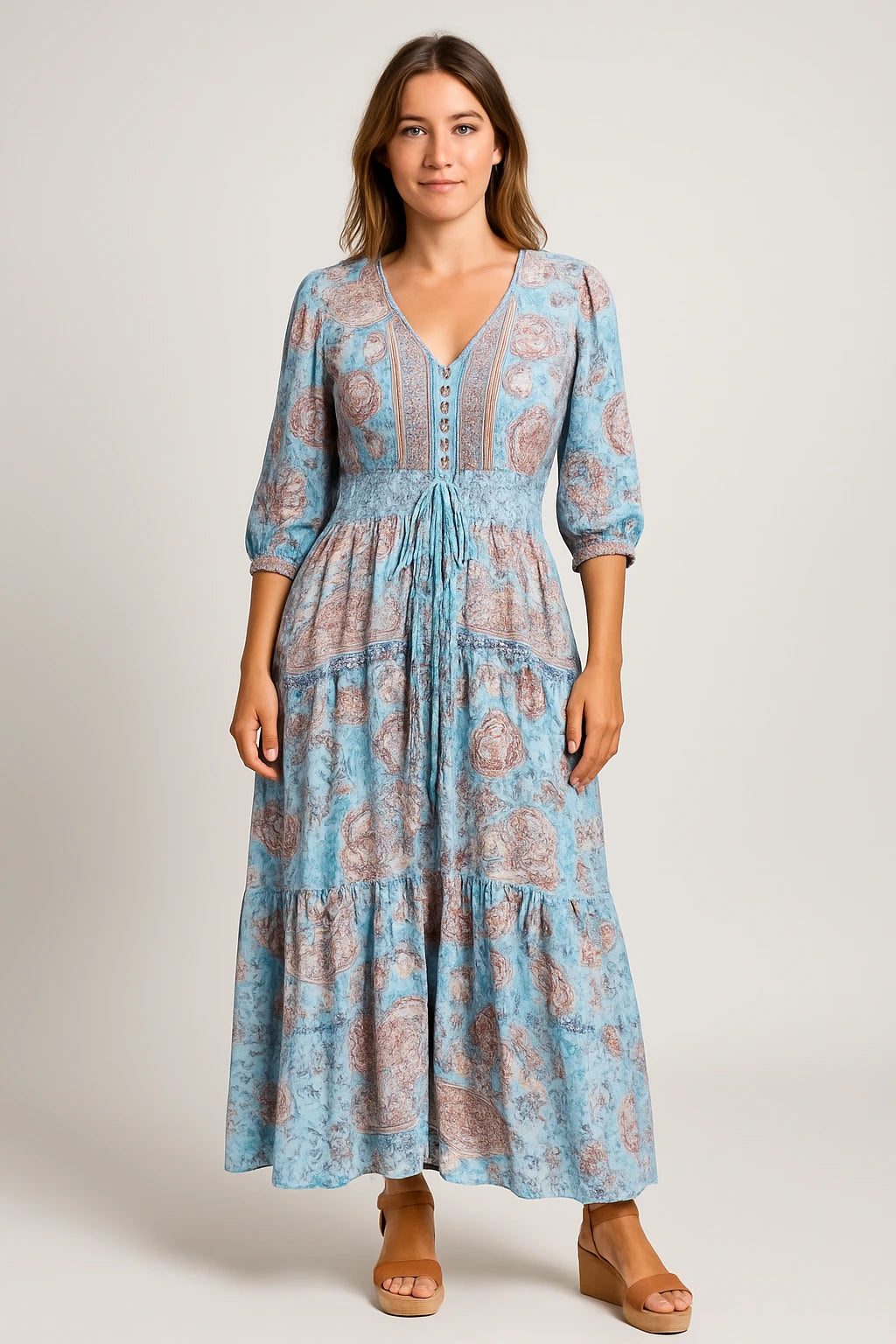 Boho Print Lace Trim Midi Dress for Women