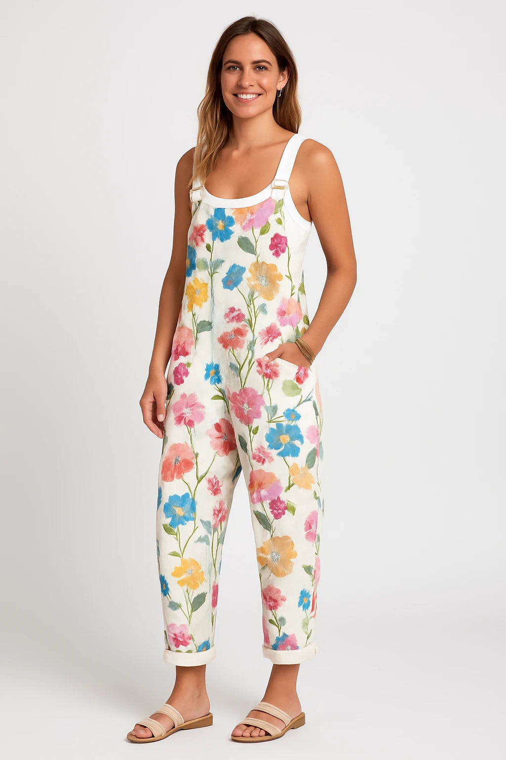 Womens Summer Floral Garden Relaxed Overalls with Loose Fit and Adjustable Straps - Image 1