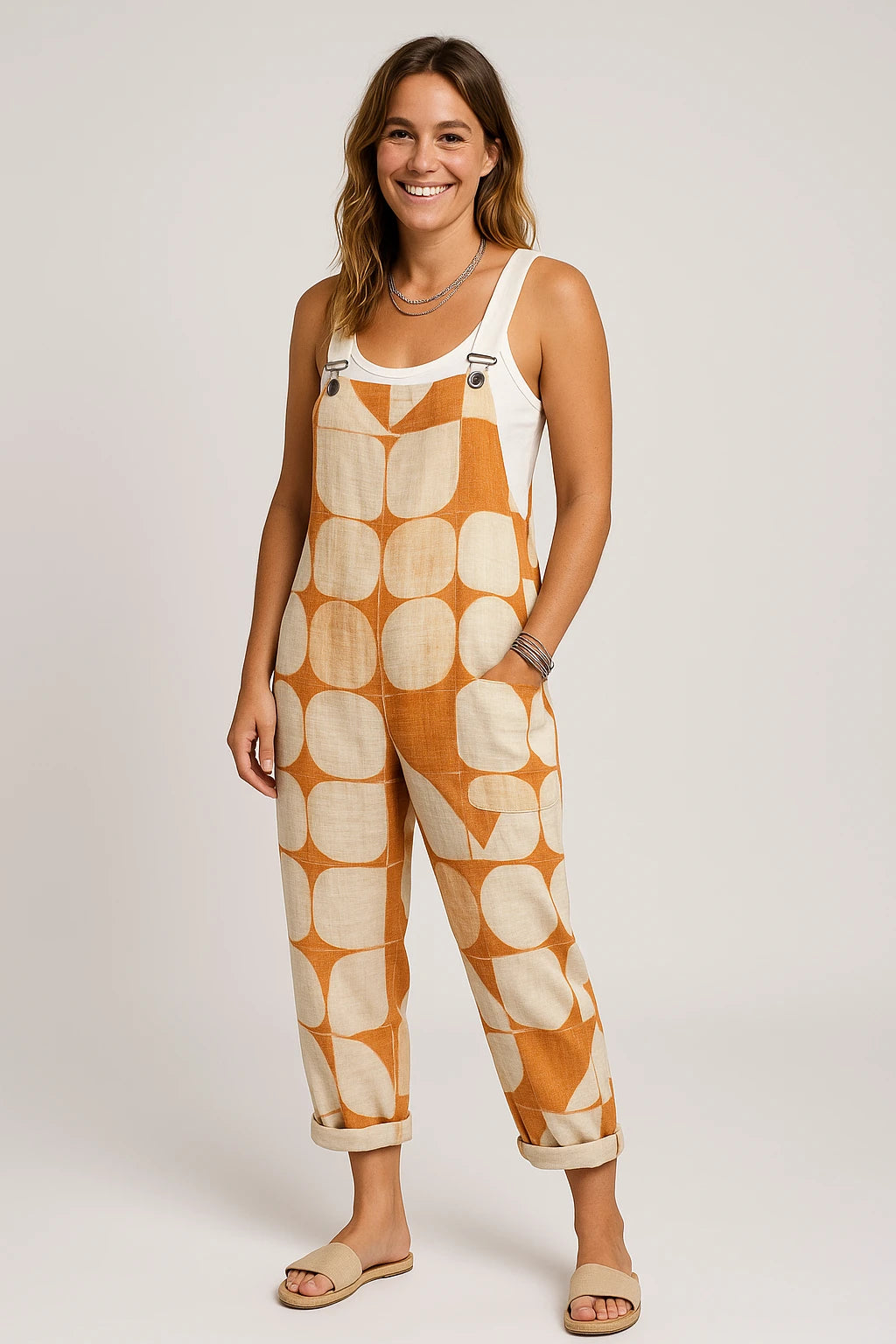 Womens Summer Overalls with Loose Fit and Adjustable Straps – Retro Sunburst Print - Image 3