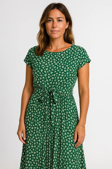 Printed Waist-Tie Cap Sleeve Dress for Women