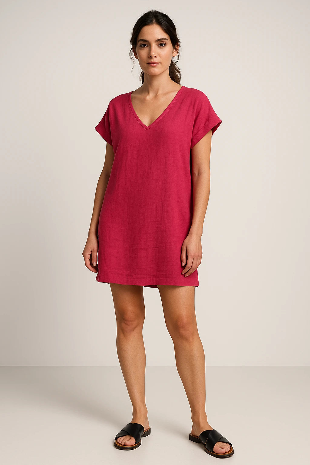 Short Sleeve V-Neck Linen Dress for Women