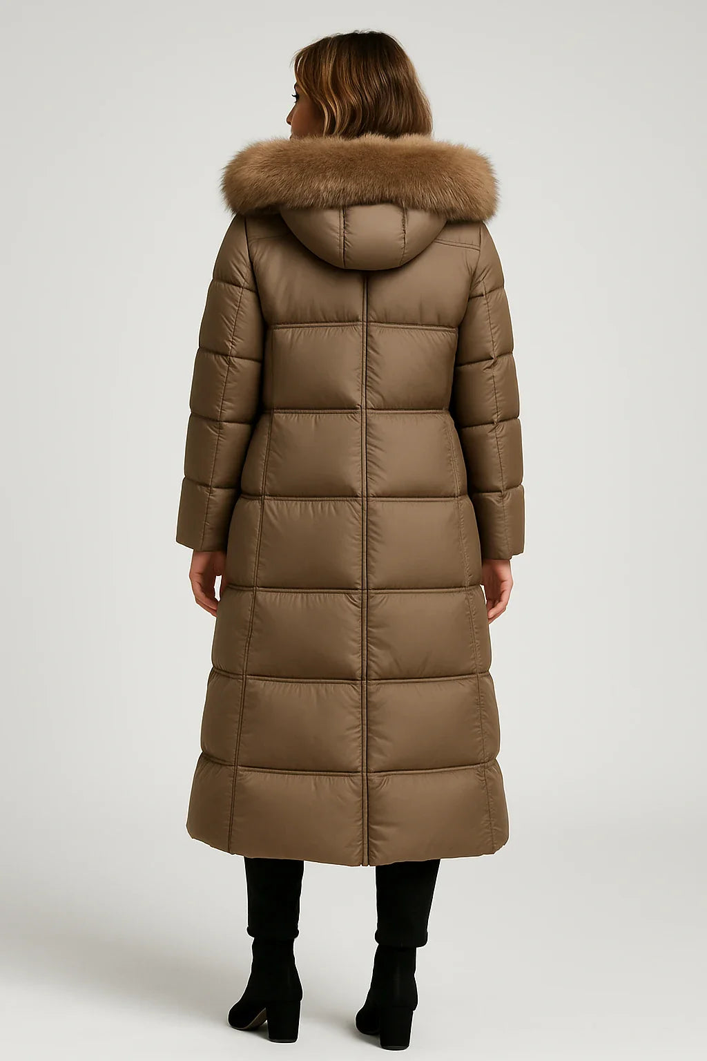 Long Quilted Puffer Coat with Faux Fur Collar for Women