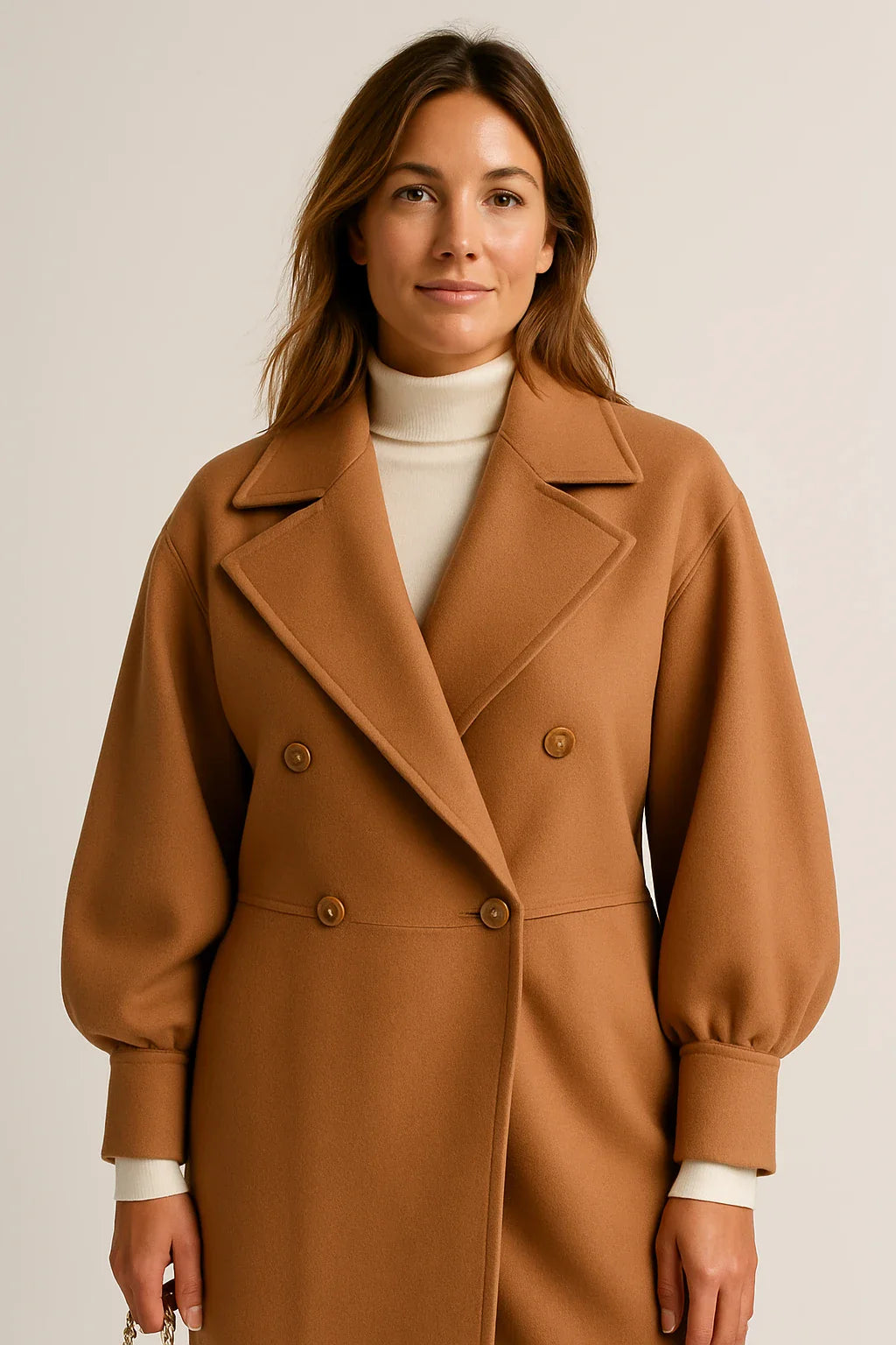 Balloon-Sleeve Belted Wool-Blend Coat for Women